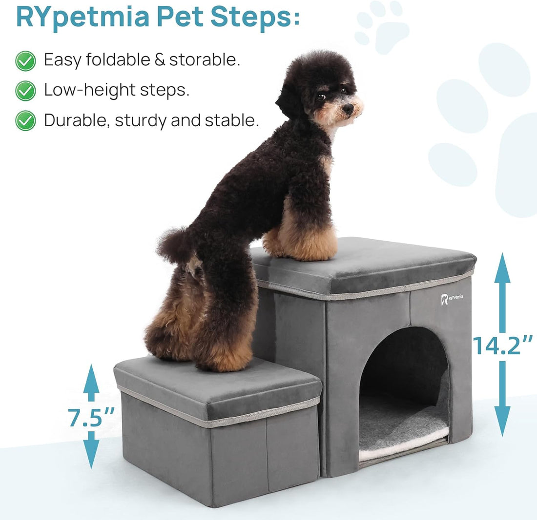Foldable Pet Stairs with Cozy House & Storage