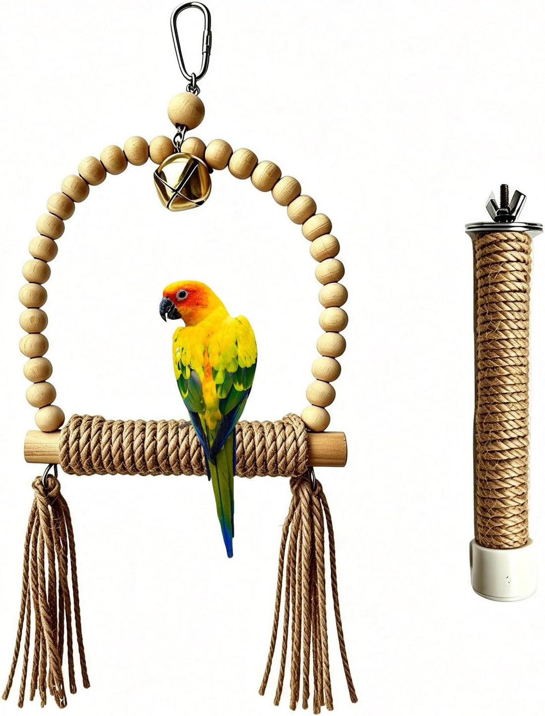 Natural Wood Bird Swing Toy with Hemp Rope Perch for Small Parrots