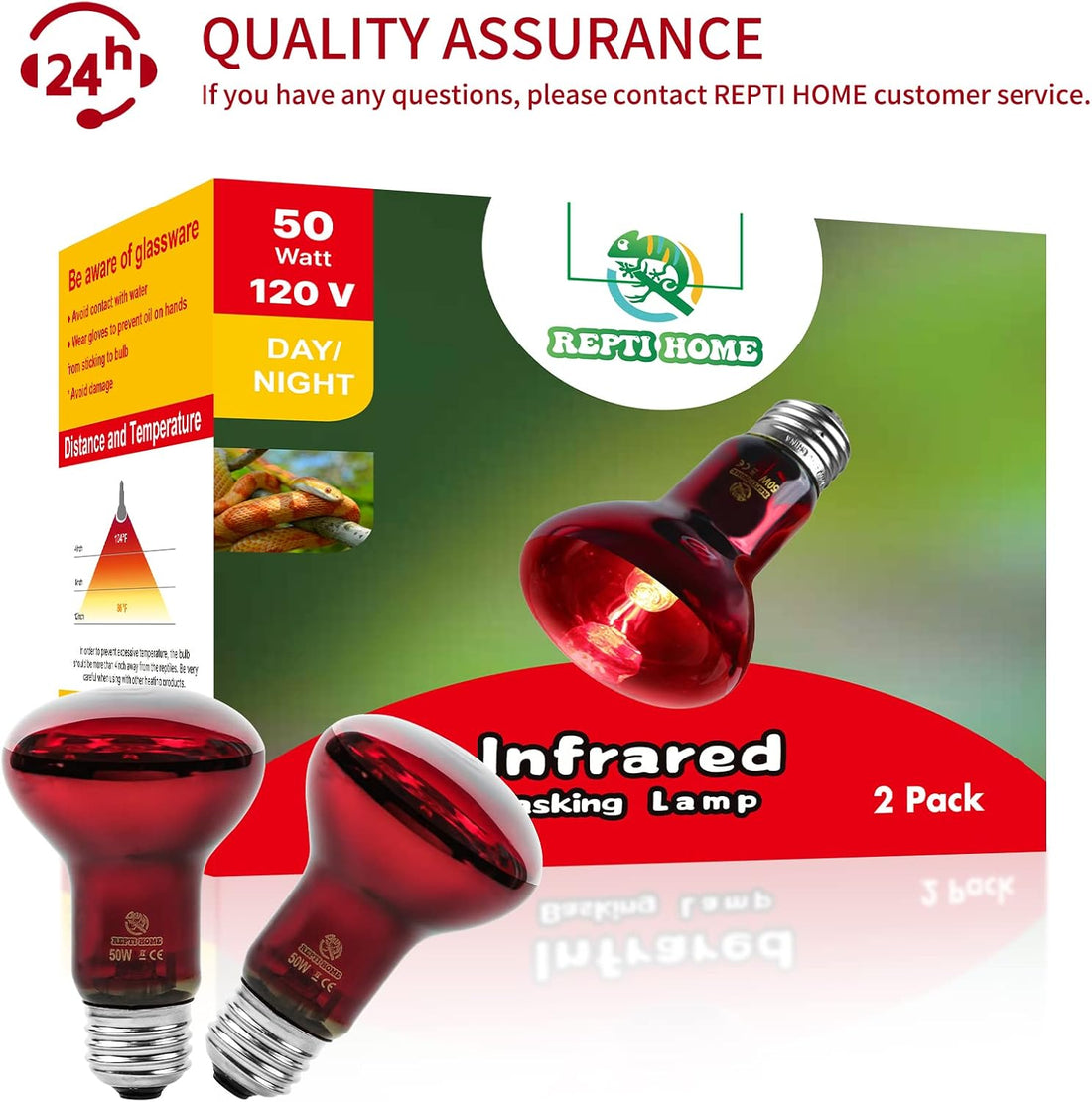Infrared Reptile Heat Lamp Bulbs,2 PCS 50W Reptiles & Amphibians
