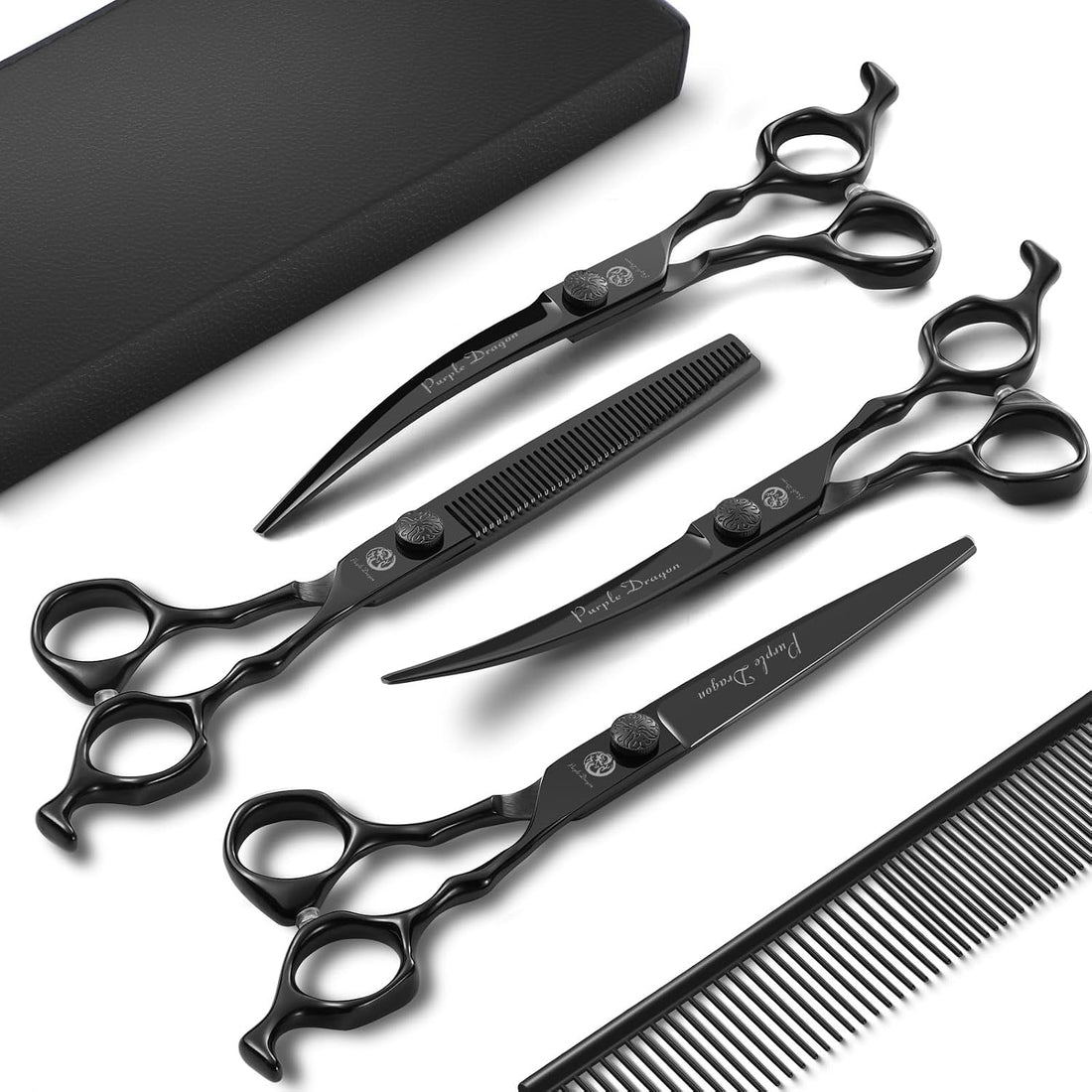 Purple Dragon Dog Grooming Scissors Set - Curved Thinning