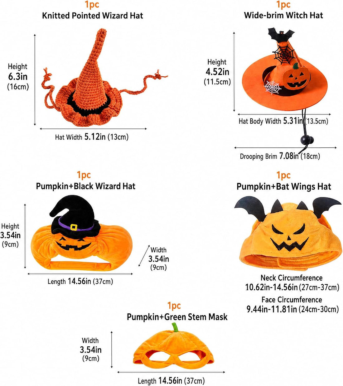 5-Pack Cat Halloween Hat Set - Witch Pumpkin Bat