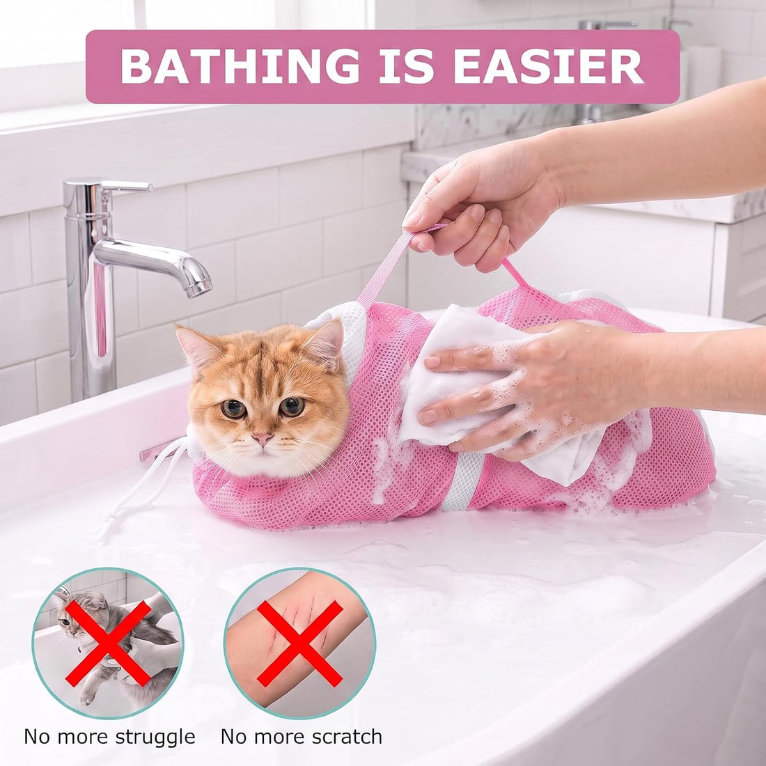 Pink Cat Bathing Bag, Breathable Mesh Anti Bite Anti Scratch Cat