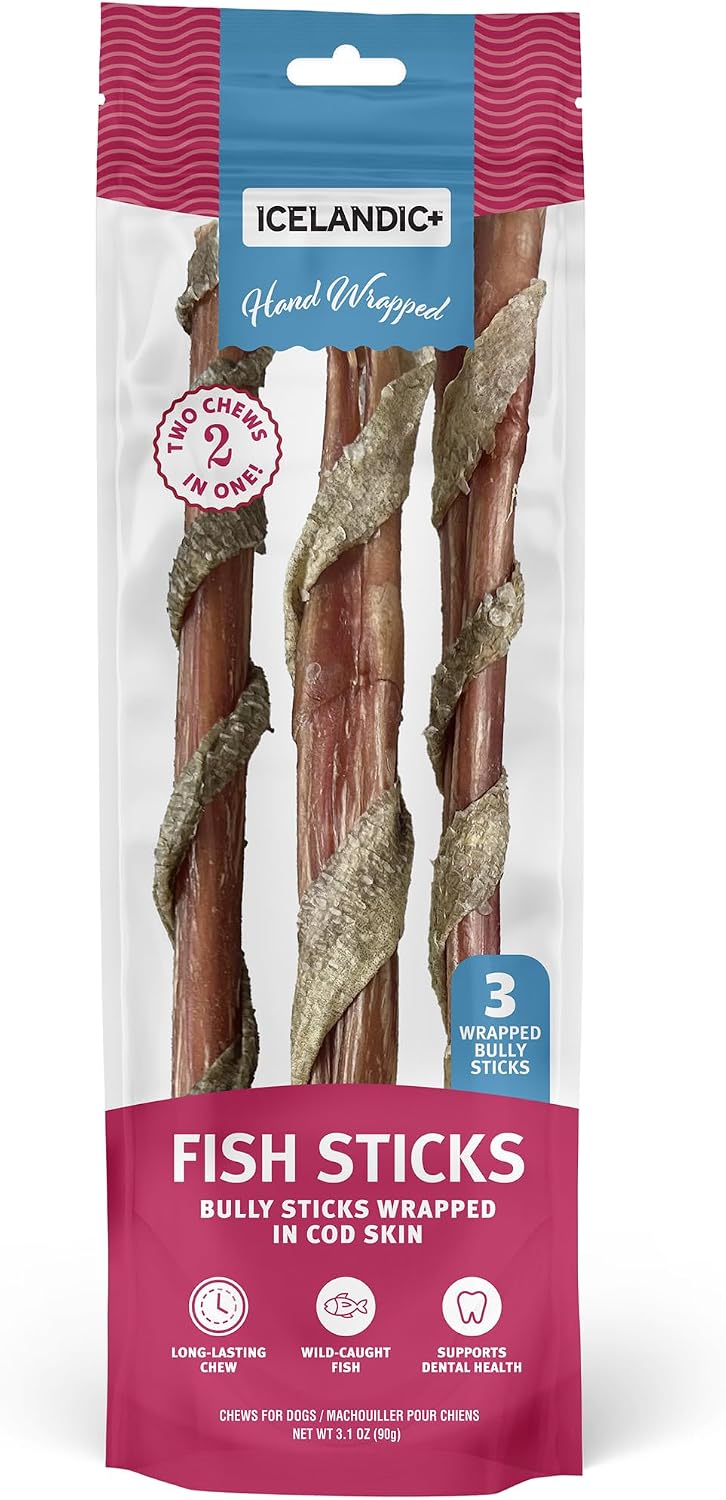 Icelandic+ 3 Pack 12" Hand-Wrapped Bully Sticks in Cod Skin Fish Dog