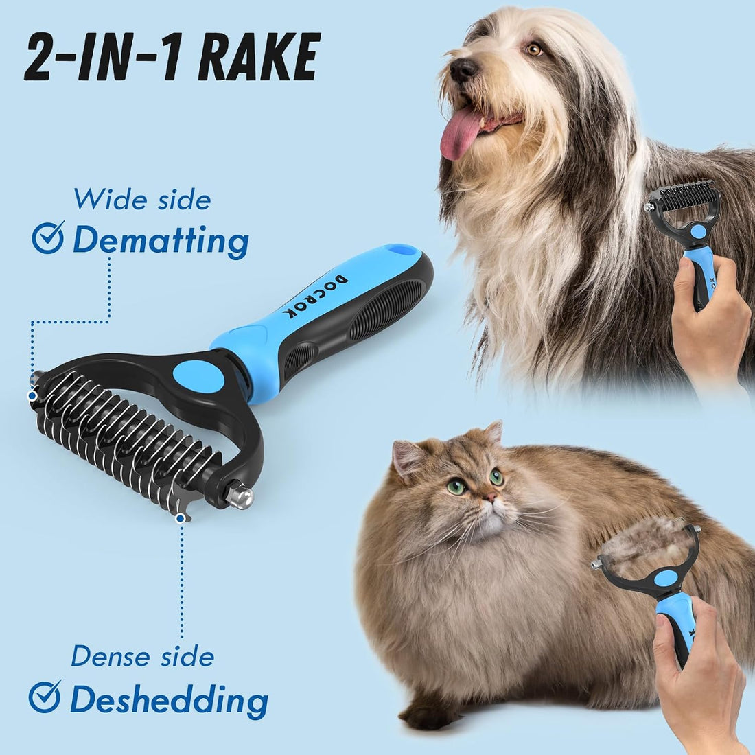 Docrok Pet Grooming Combo - Blue Deshedding Brush with Metal Comb