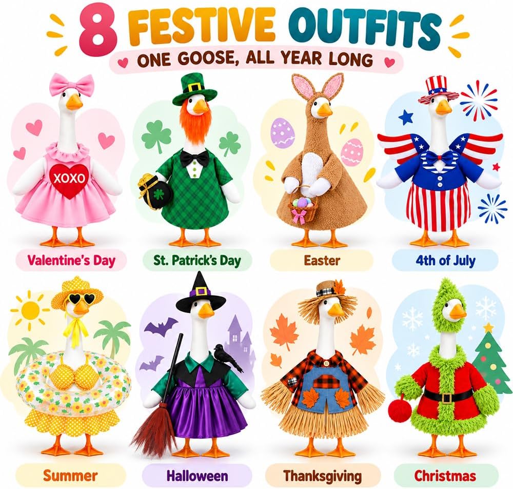 8 Set Holiday Porch Goose Outfits All Seasons Clothes for 23 Inch