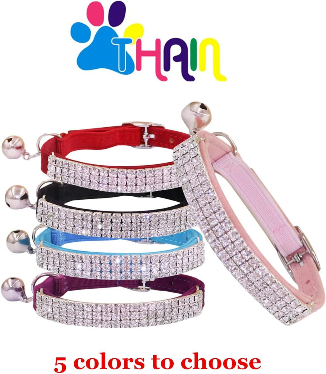 THAIN Rhinestones Cat Dog Collar Soft Velvet Safe Adjustable Collar