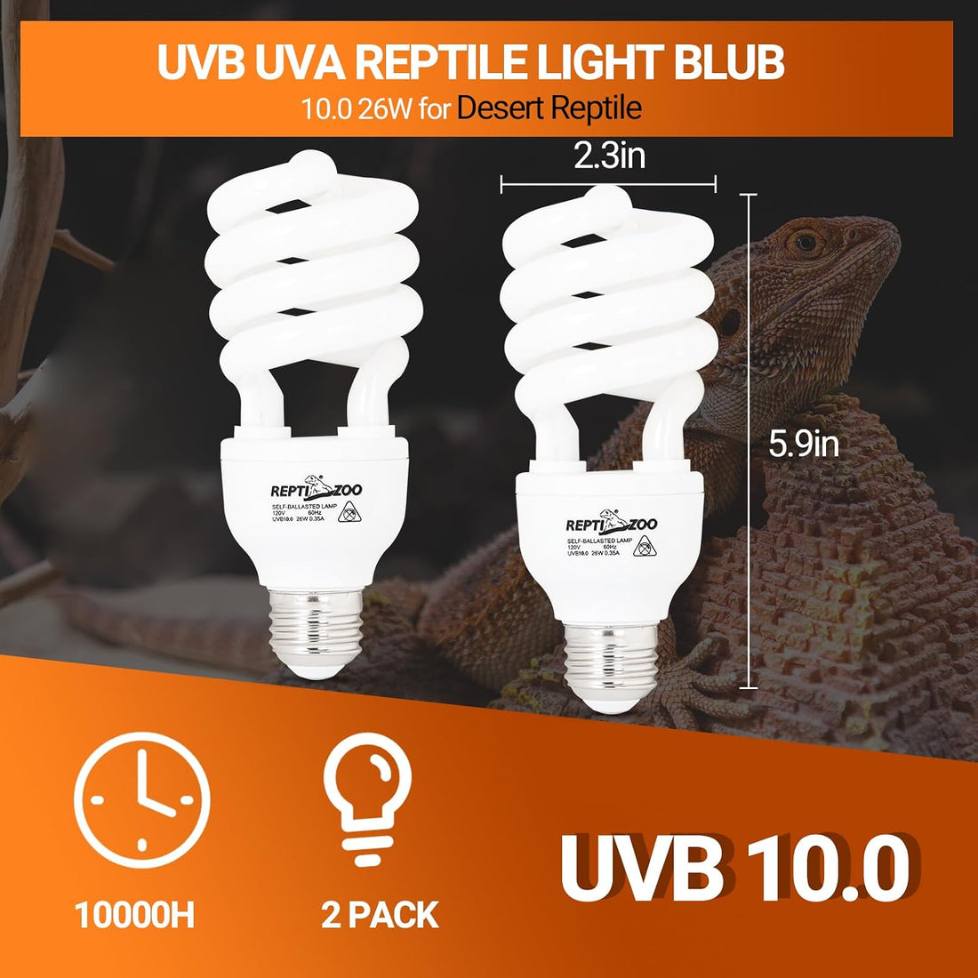 REPTI ZOO UVB Light for Desert Reptile 2 Pack