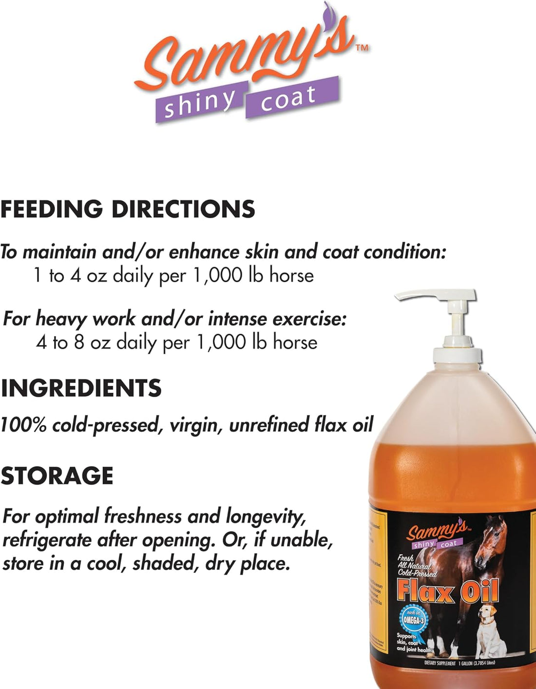 Sammy's Shiny Coat Flax Oil for Horses, Pure Flaxseed Oil for Horse