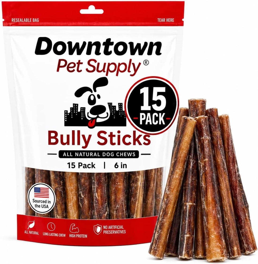 Downtown Pet Supply Bully Sticks for Dogs - Natural 6 Inch Beef Chews