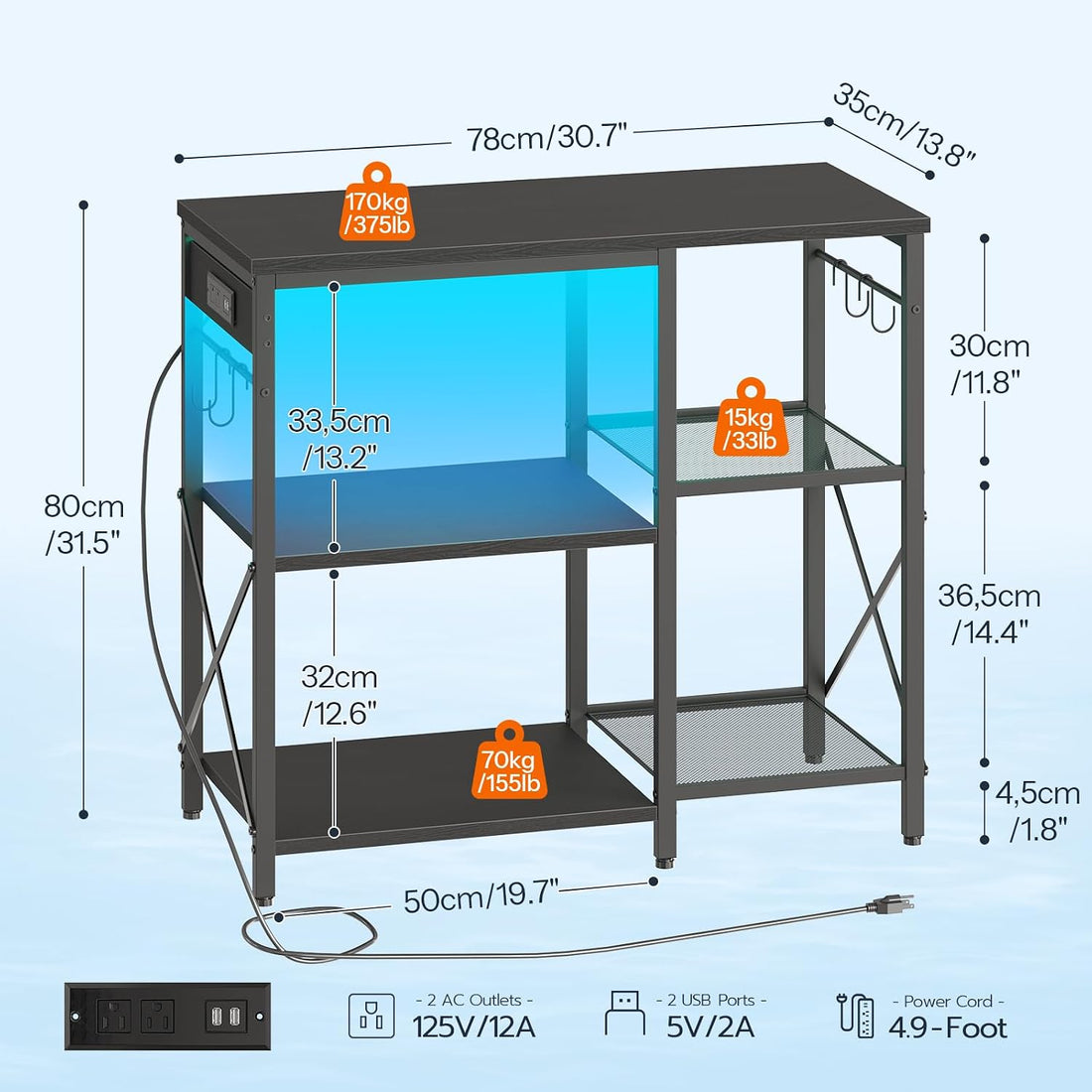 HOOBRO Fish Tank Stand with Power Outlet and LED Light, Aquarium Stand
