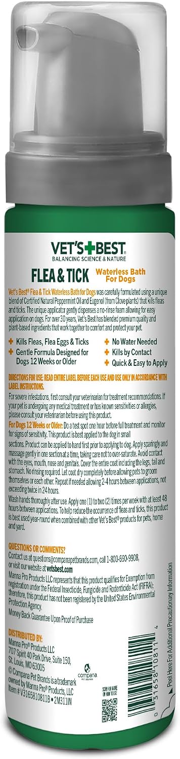 Vet's Best Waterless Flea & Tick Bath for Dogs, Plant-Based, 8 oz