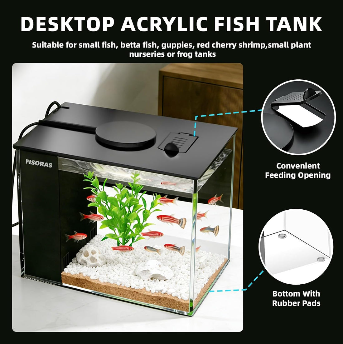 1Gal (3.7L) Small Aquarium Kit with Water Filter Pump and LED Light