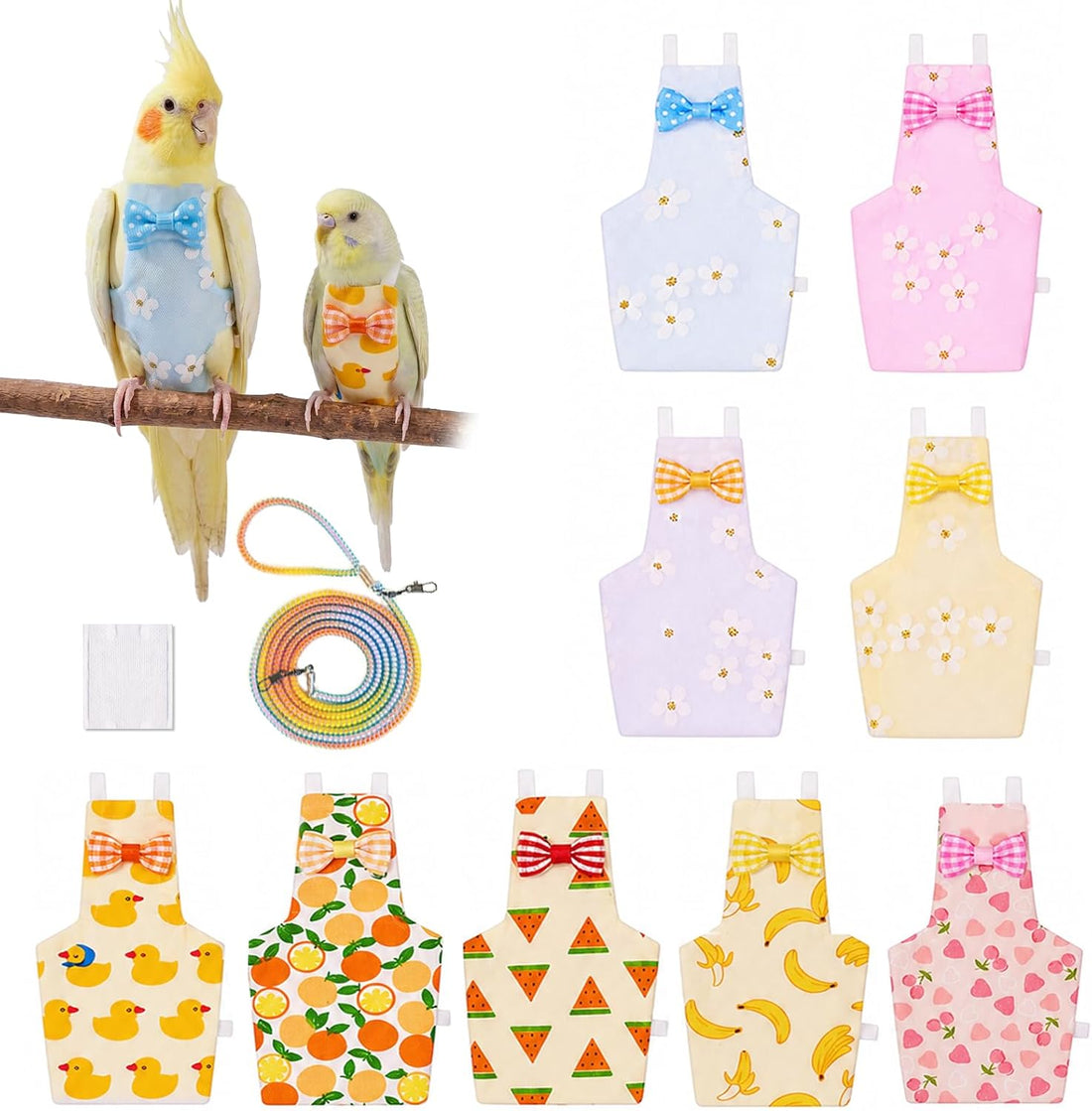 9 Pcs Reusable Bird Diaper, Cute Parrot Flight Suit with Leash