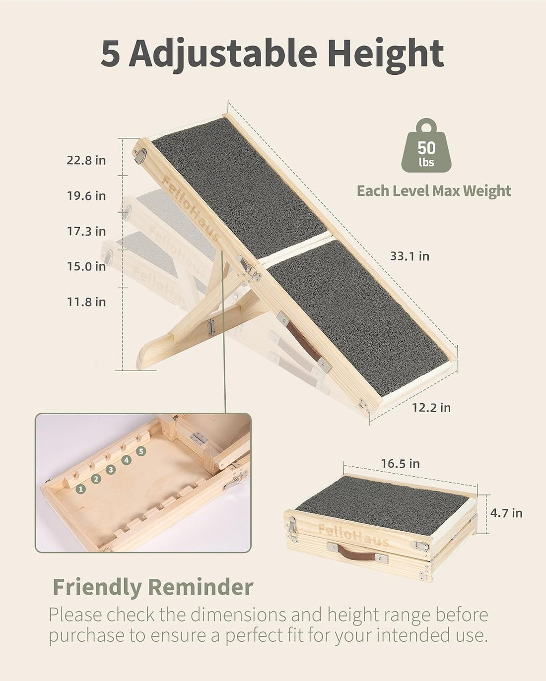 Dog Ramp for Small Dogs, 5 Adjustable Heights, Upgraded Anti-Slip