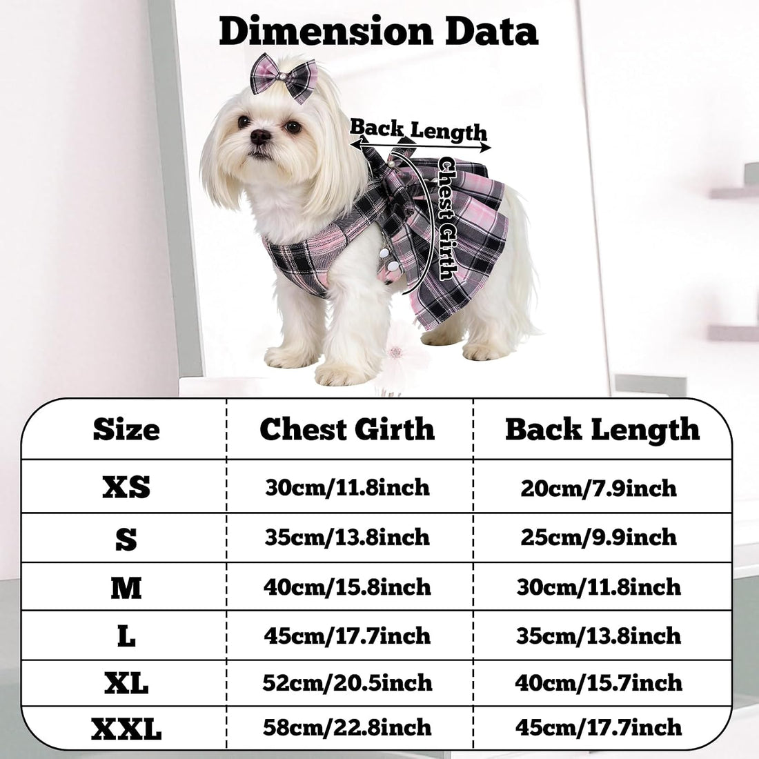 Dog Plaid Dress Harness and Leash Set with Pearls Bow Adjustable