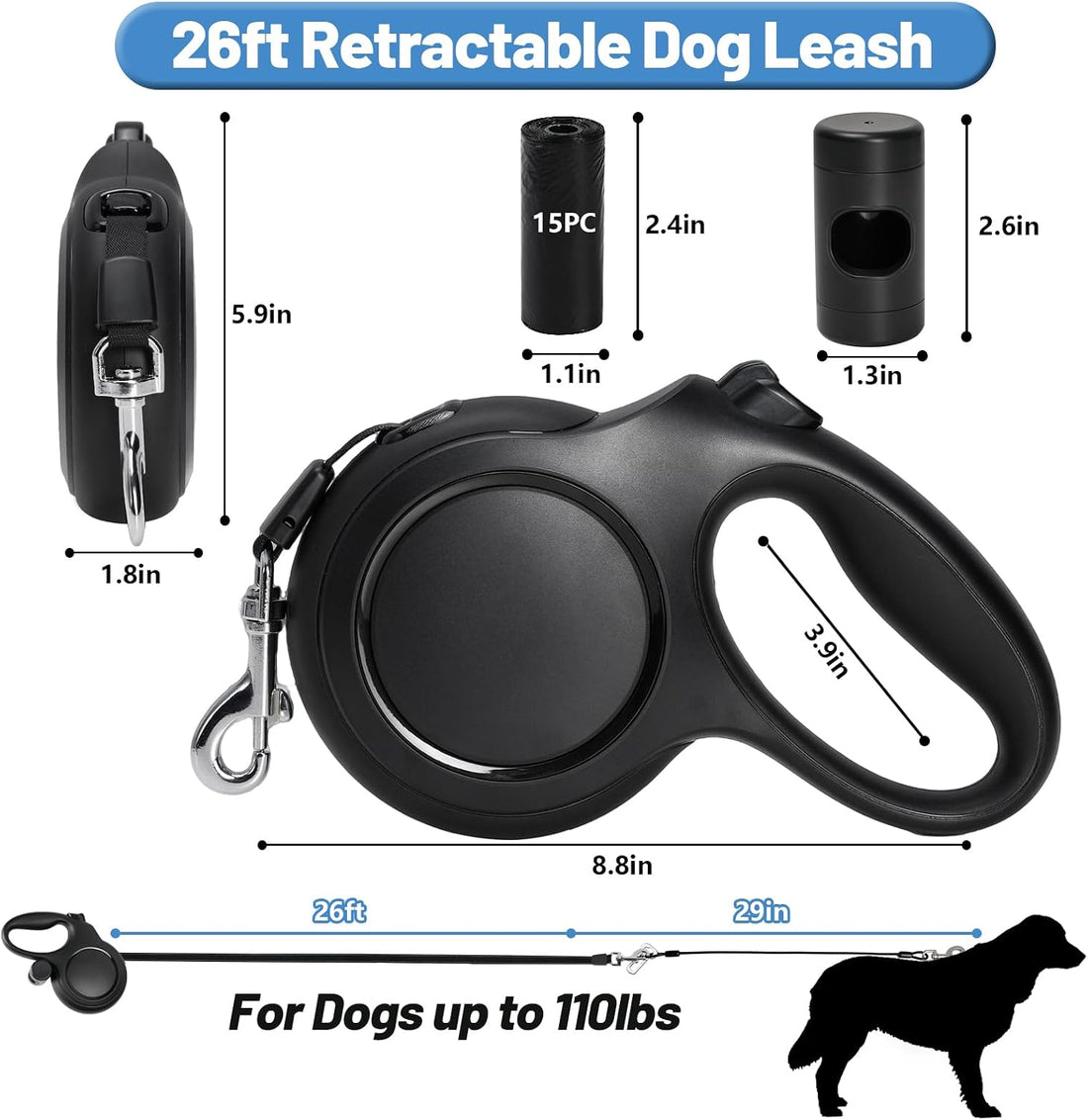 26ft Heavy Duty Retractable Dog Leash for Large Dogs with Poop Bag