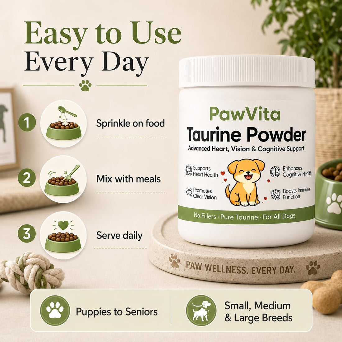 PawVita Pure Taurine Powder for Dogs, 99.9% Pure Taurine