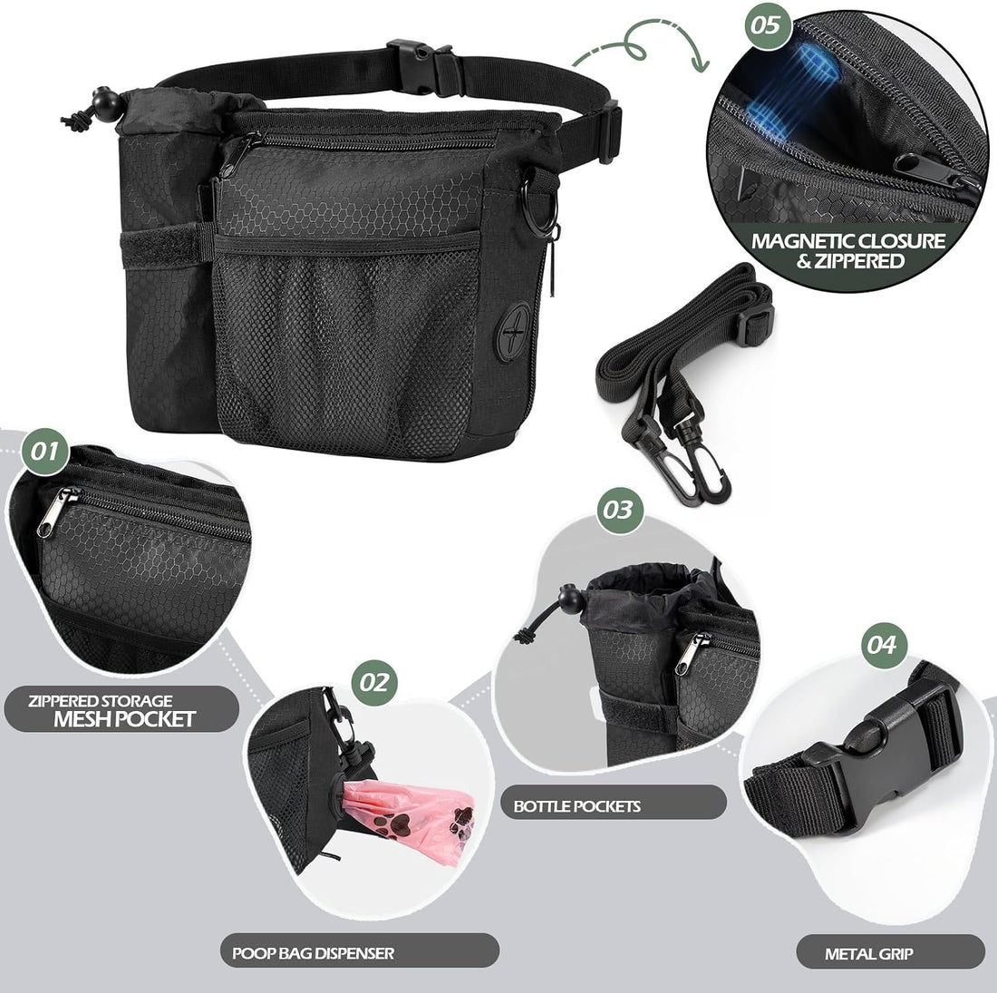 Dog Treat Training Pouch Built-in Poop Bag & Side Pocket Dispenser