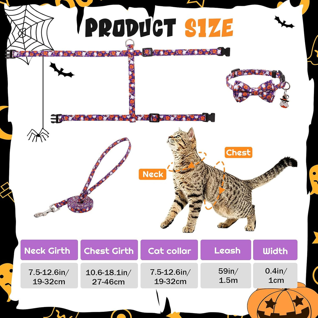 2 Pack Halloween Cat Harness and Leash Breakaway Cat Collars with Bow