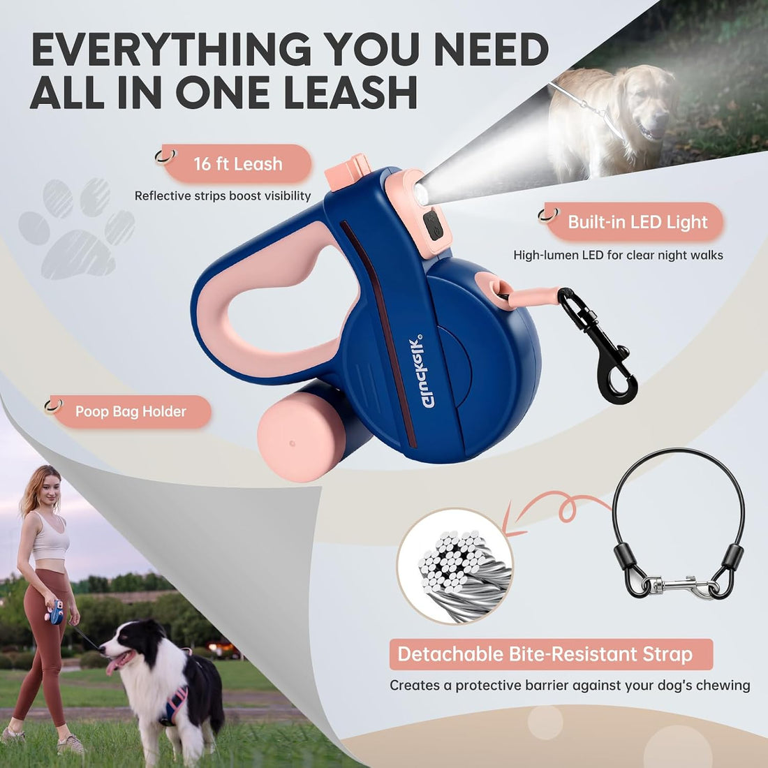 16 ft Retractable Dog Leash with LED, for Dogs Up to 44 lbs