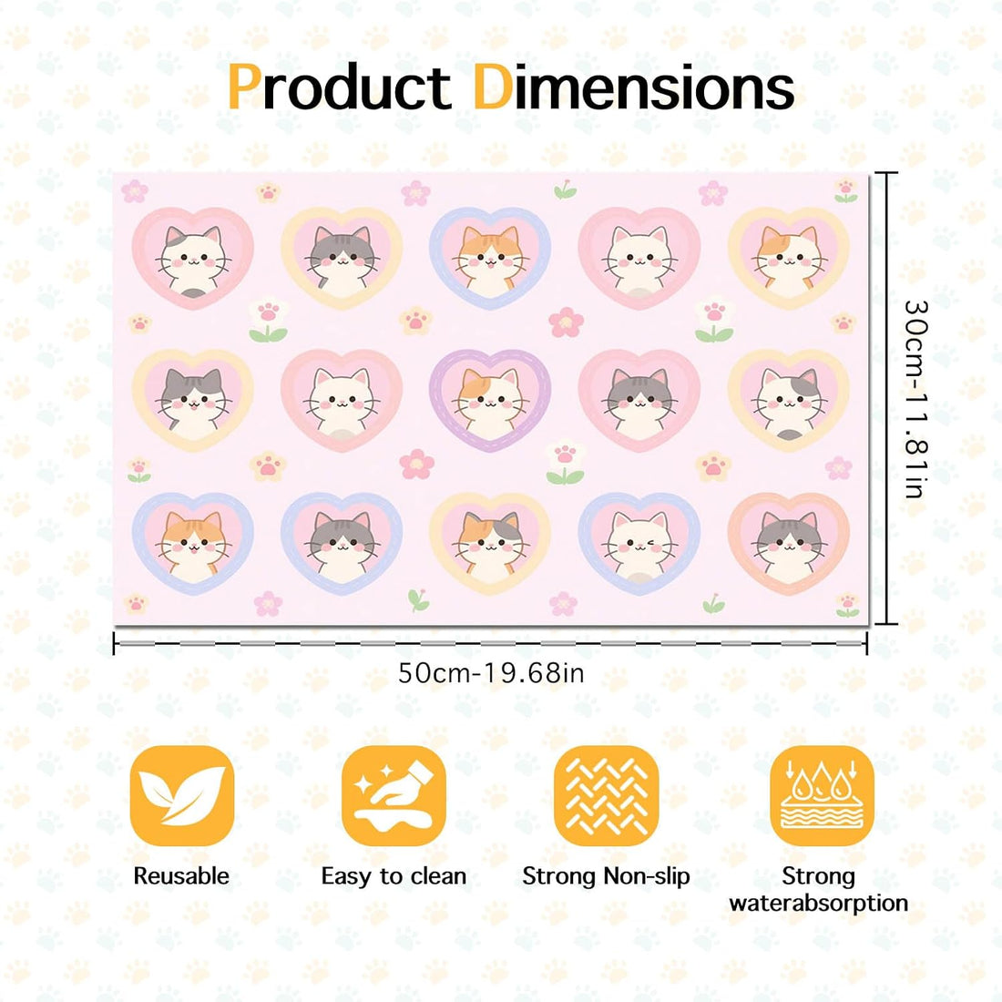 HOMETITUTE Cat Feeding Mat Pink Heart Kitten Bowl Placemat 20 x 12