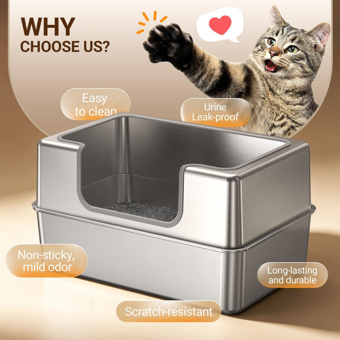 Non-Stick Entirely Stainless Steel Litter Box Splash-Proof