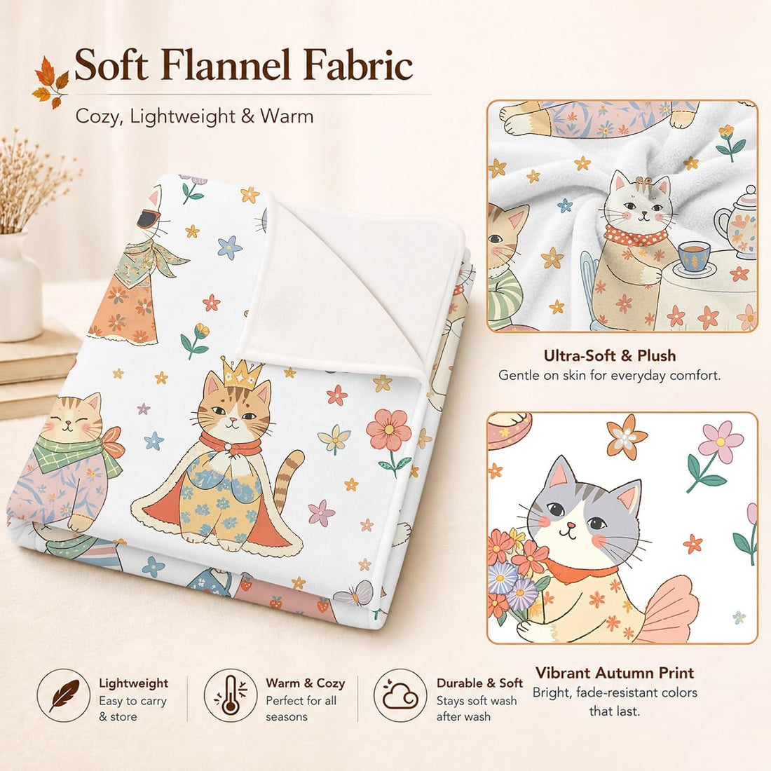 Fall Cute Sweater Cat Colorful Floral Throw Blanket 50 x 60 Inch