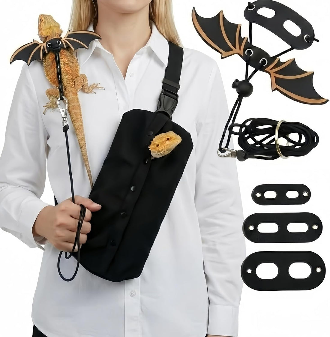 Bearded Dragon Carrier Sling & Bat Wing Leash Harness Set