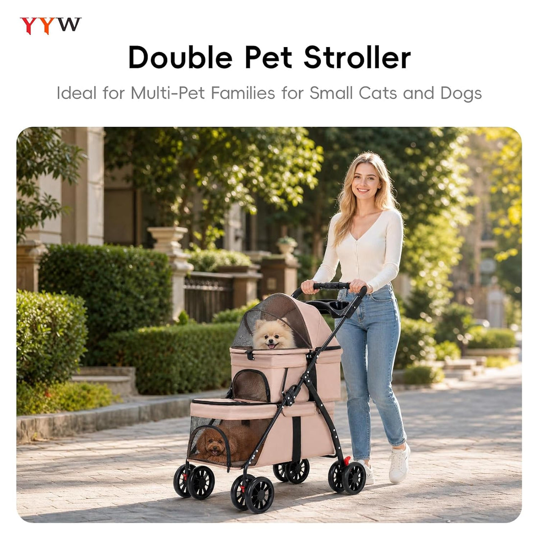 YYW Double Pet Stroller Foldable 2 Carriages Cup Holder Lockable Khaki