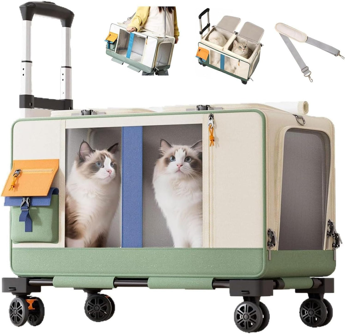 Large Cat Carrier with Wheels, Rolling Folding Soft-Sided for 2 Cats