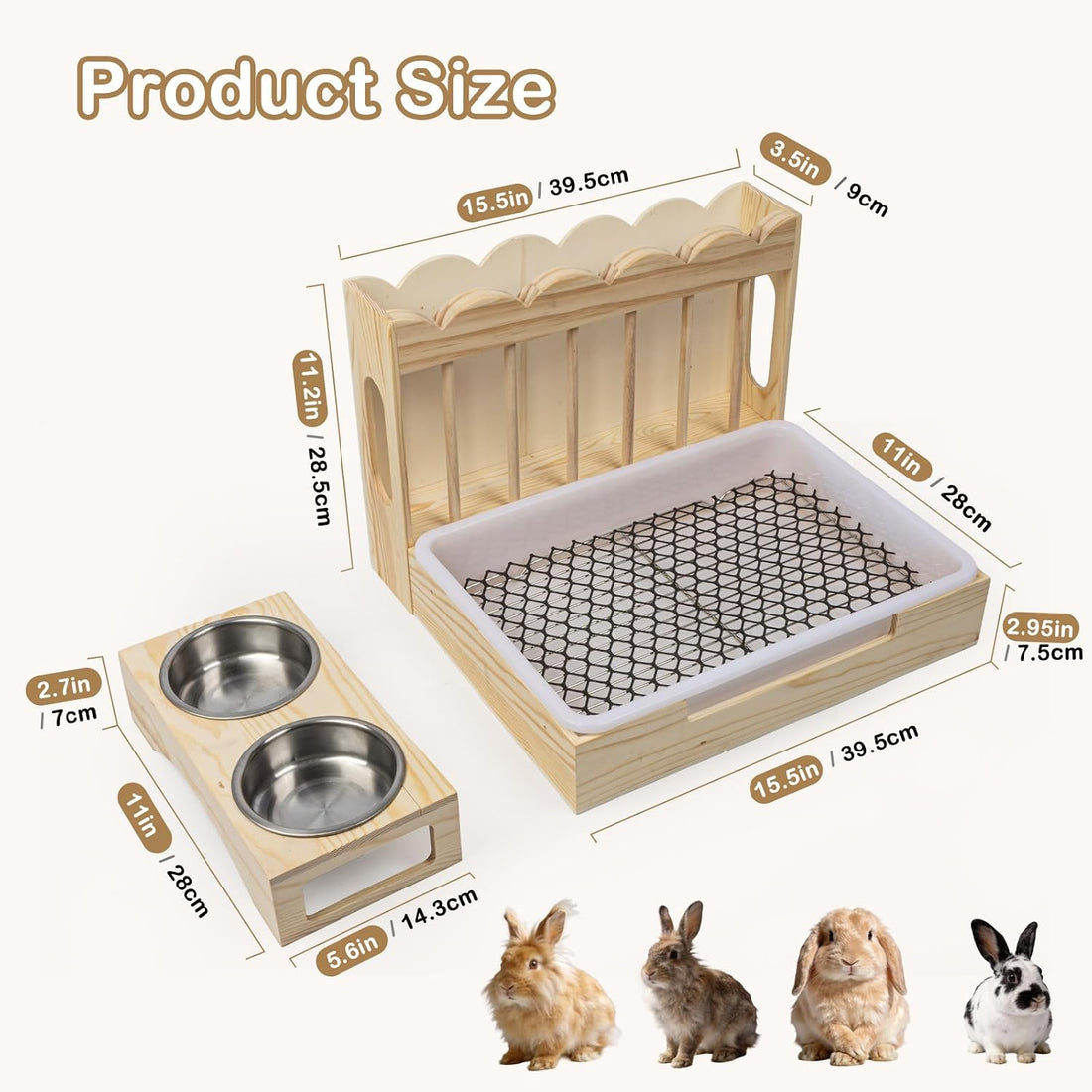 3-in-1 Wooden Rabbit Hay Feeder with Litter Box for Rabbits & Small