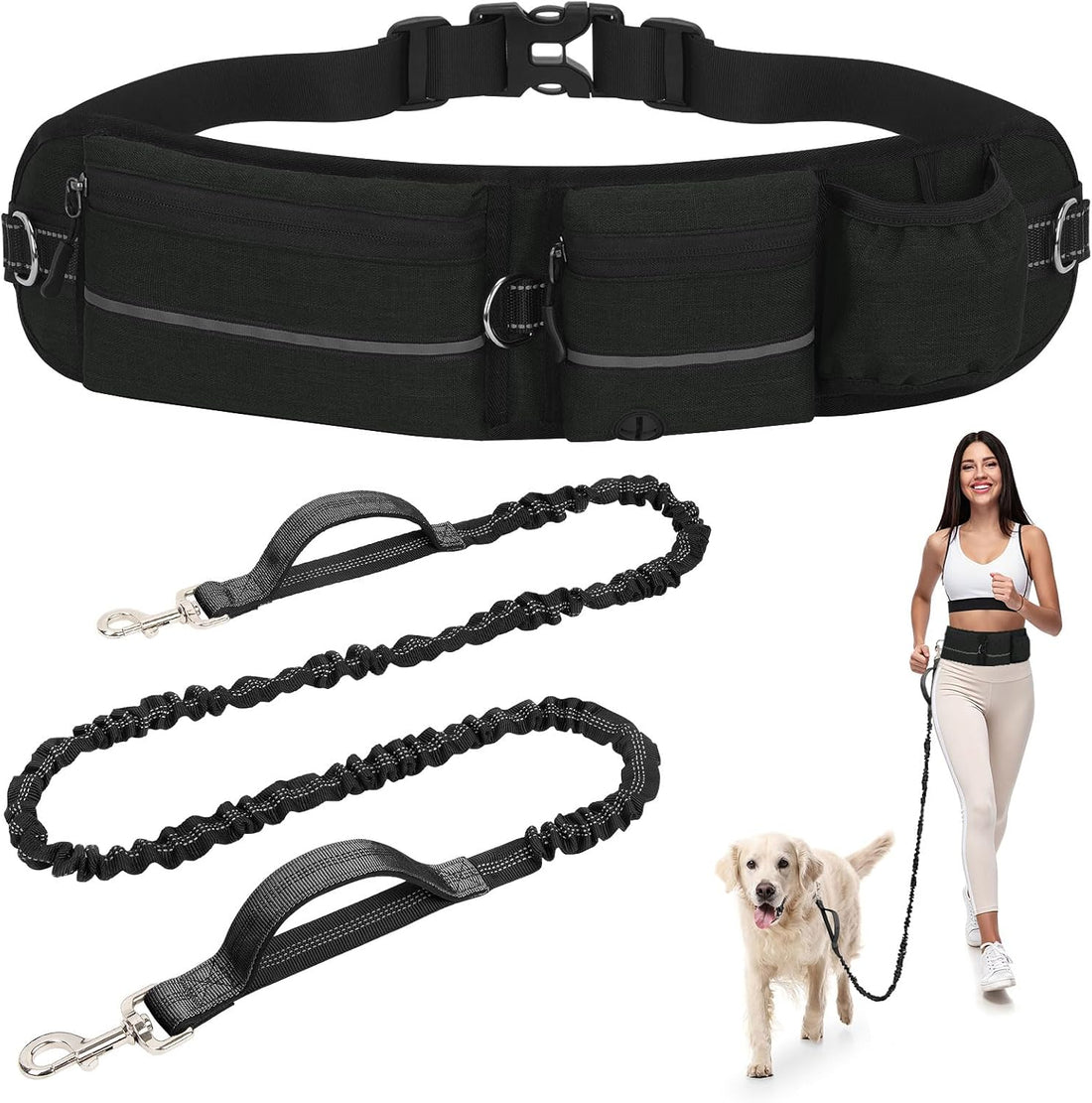Hands Free Dog Leash with Waist Bag Bungee, Medium/Large, 25-120 lbs