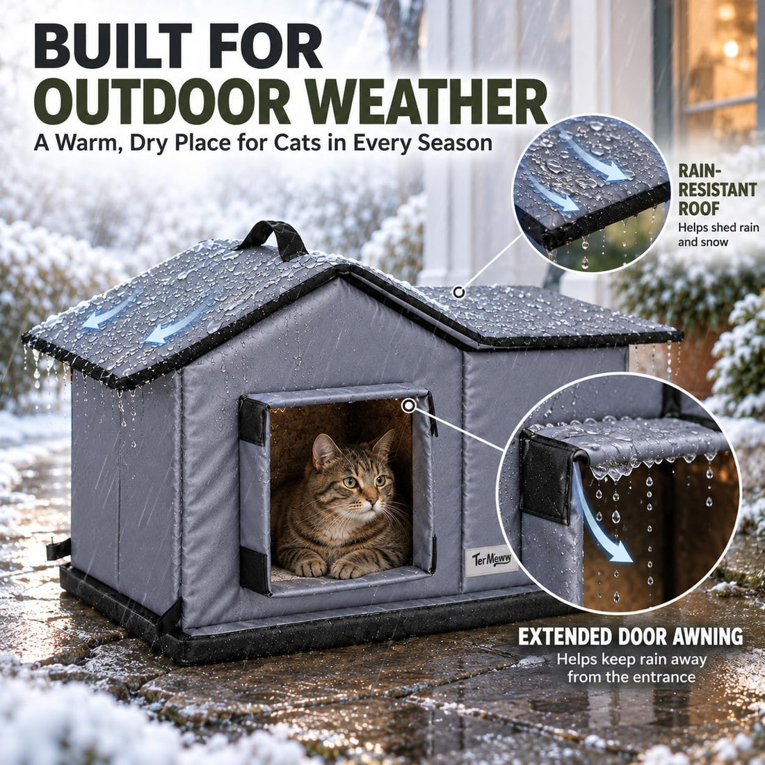 Insulated Outdoor Cat House,Thick Sponge Base Against Cold Ground