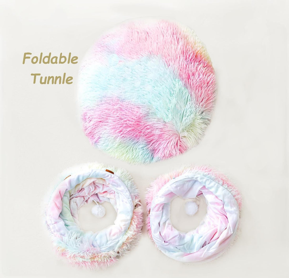 Fuzzy Cat Tunnel Bed for Indoor Cats, 2-in-1 Interactive Cat Toys