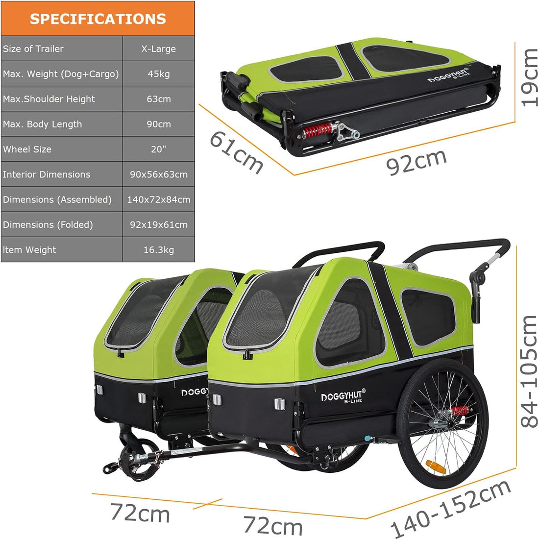 DOGGYHUT® S-Line XL Pet Bike Trailer & Stroller for Large Dogs Up