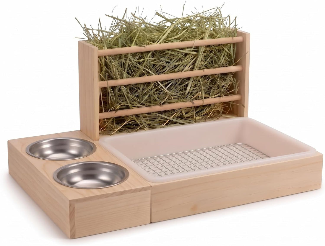 XL Wooden Rabbit Litter Box with Hay Feeder & Dual Stainless Steel
