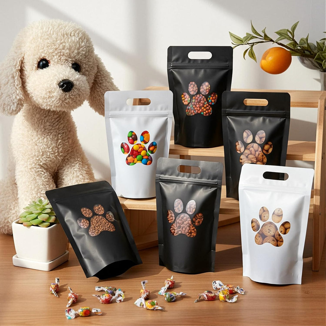 Gersoniel 100 Pcs Paw Dog Treat Bags Gift Bags with Window Resealable