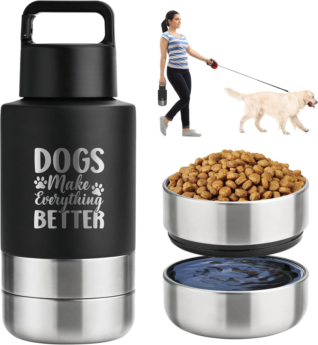 KEWIXY Insulated Dog Travel Water Bottle With Detachable Bowls