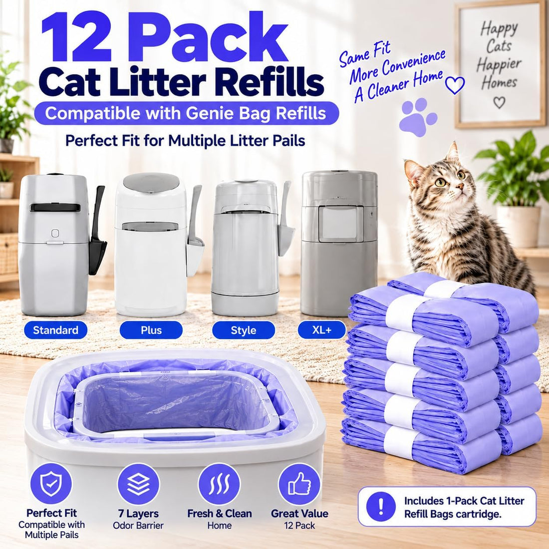 12 Pack Cat Litter Refills, Compatible with Genie Bag Refills