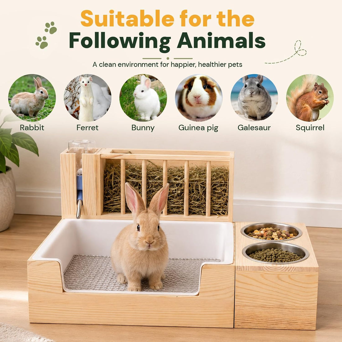 4-in-1 Rabbit Litter Box with Hay Feeder, Bunny Toilet
