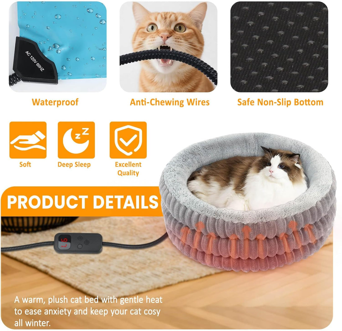 Heated Cat Bed Indoor, 20" Round Donut Deep Sleep Calming Heated Pet