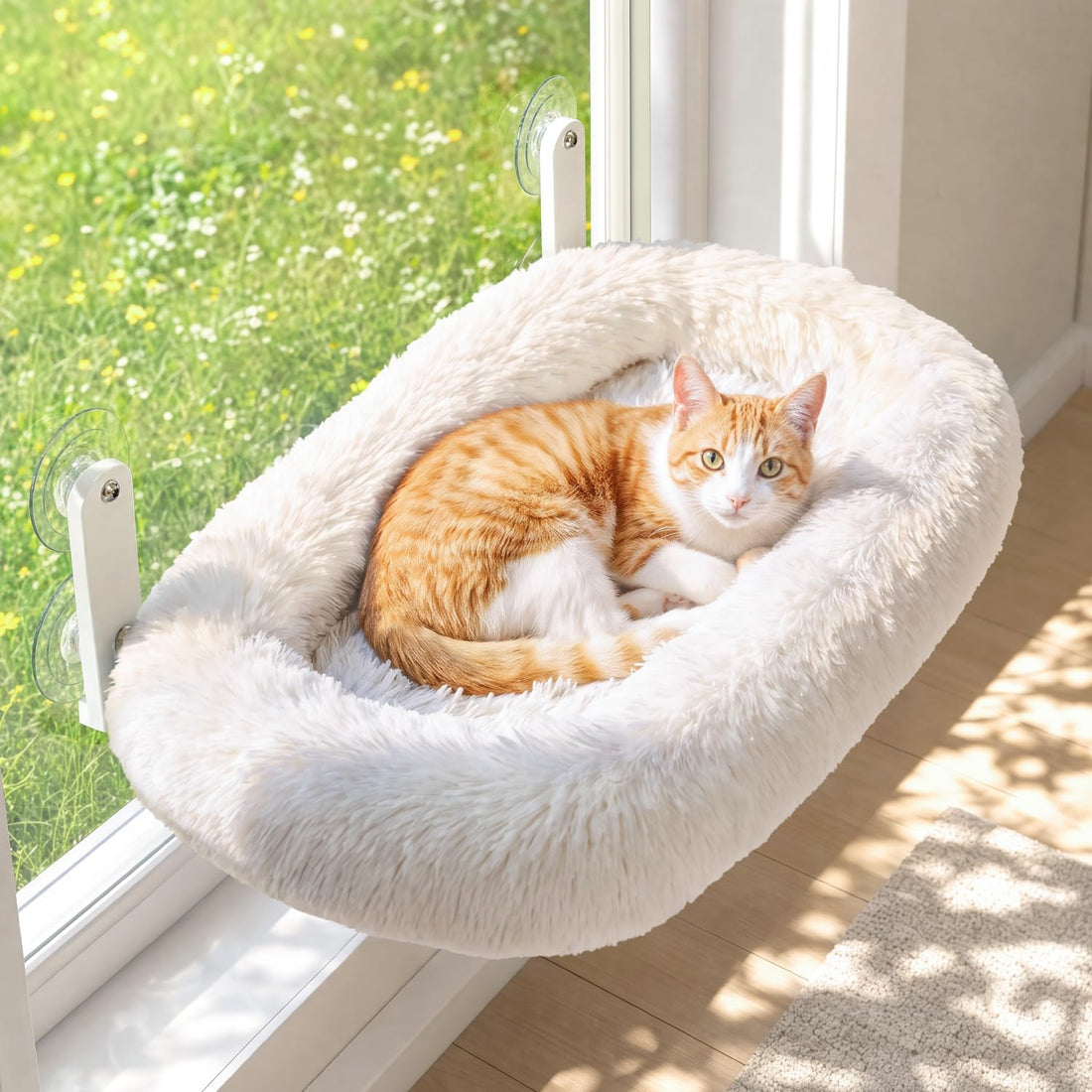 Zakkart Calming Foldable Cat Window Perch, Fluffy Long-Plush Bed