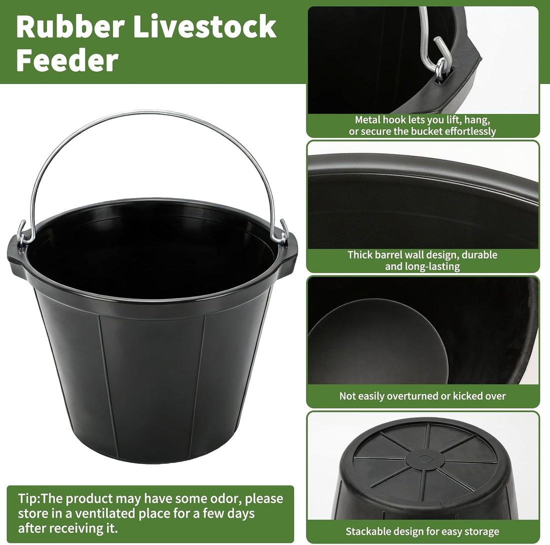 2 Pack Rubber Horse Feed Buckets, 10 Qt Water Troughs with Handles