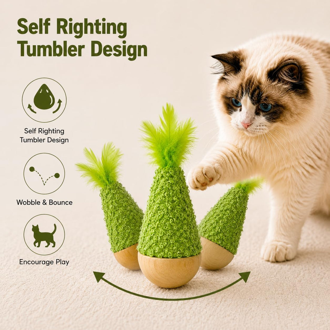 2-Pack Interactive Self-Righting Wobble Cat Toy with Feather