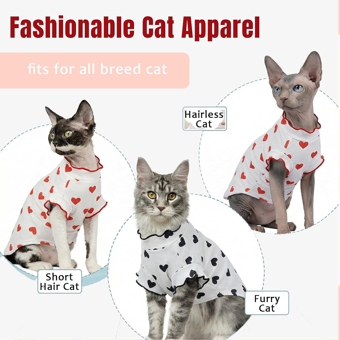 DENTRUN Heart Pattern Sphynx Hairless Cats Shirt