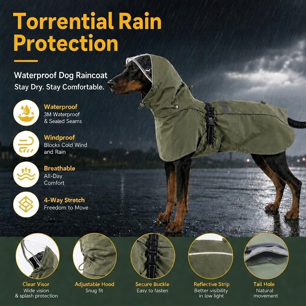 RYNVALE Dog Rain Coats for Large Dogs with Removable Hood
