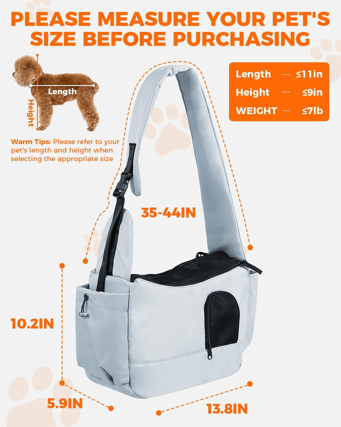Lightweight Pet Sling Carrier for Small Dogs Under 7Lb, Light Grey