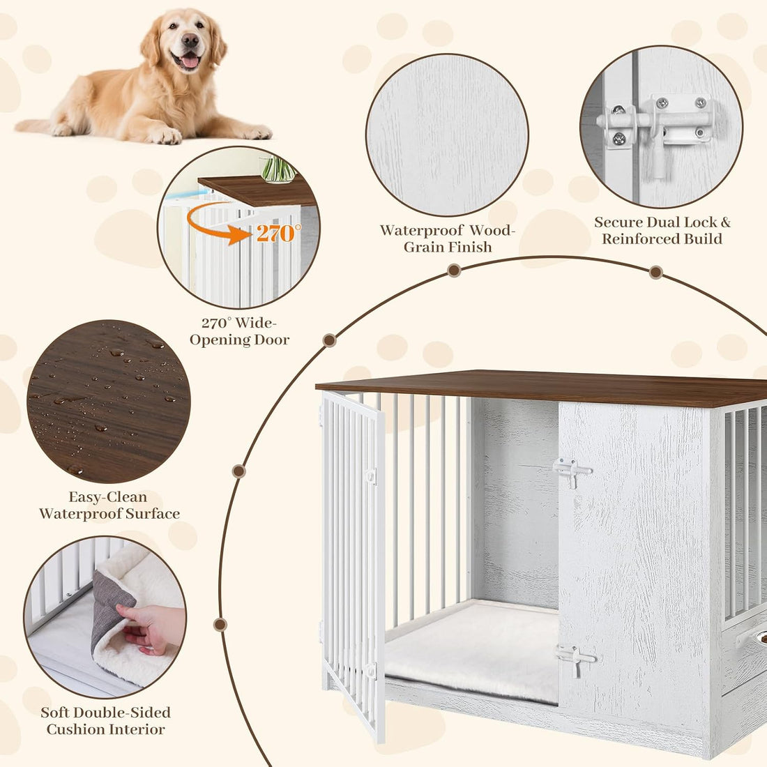 TBWIND 36" Dog Crate Furniture End Table for Medium Dogs, White