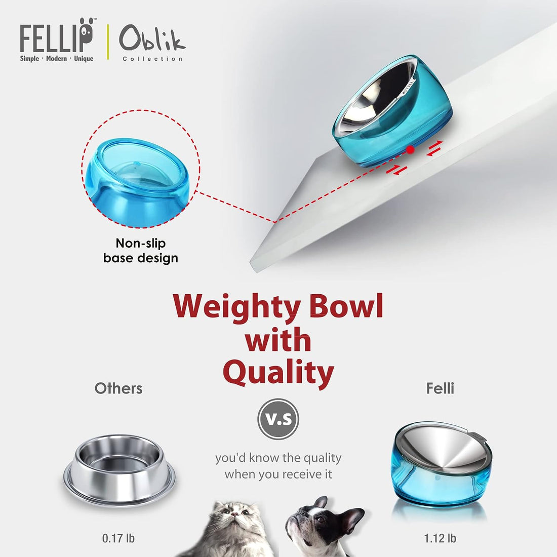 Felli Pet Oblik Whisker Fatigue Cat Food Bowl Raised Stainless Steel