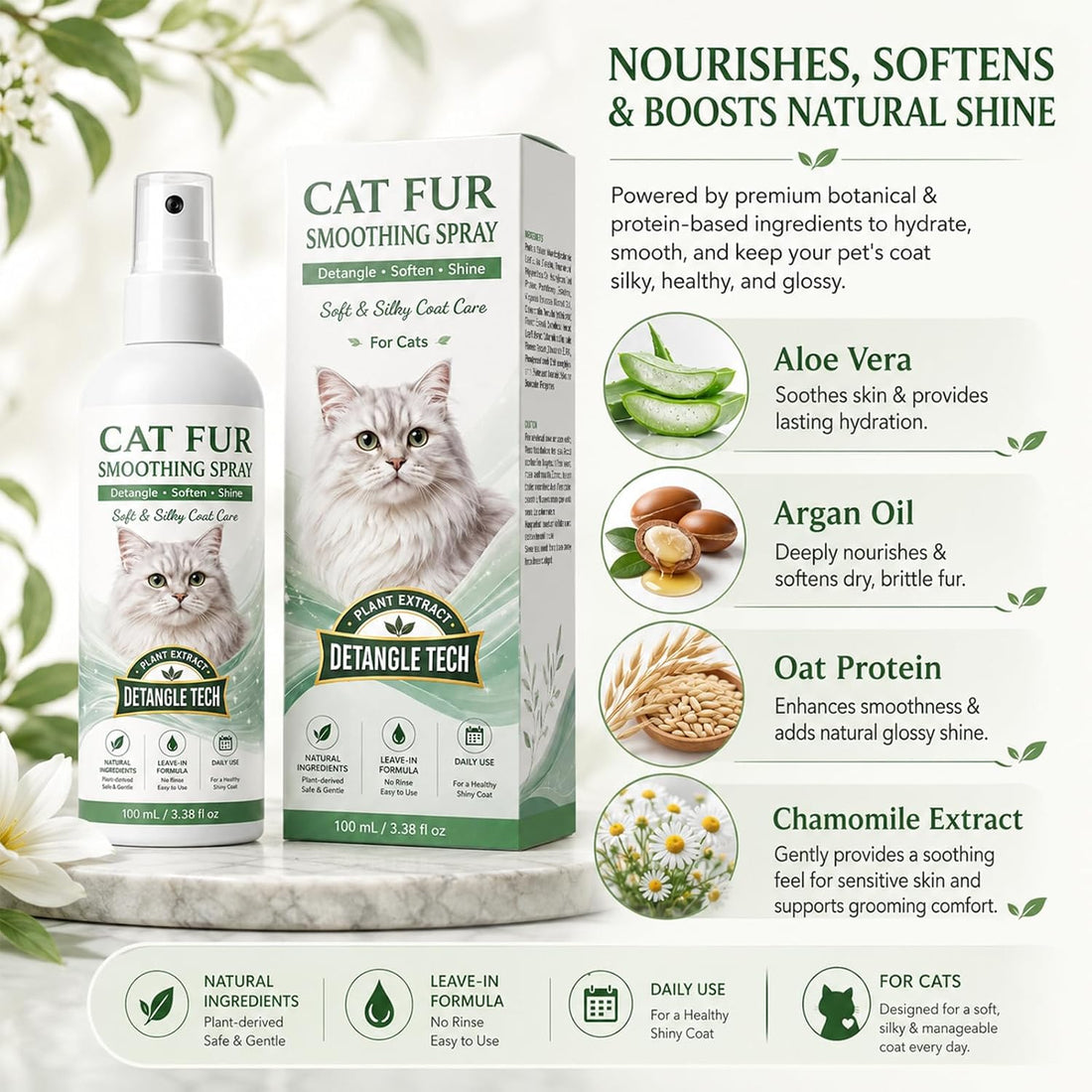 Cat Detangler Spray – Pet Hair Remover Spray for Cats & Daily Coat